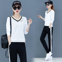 Tide brand sports set female 2021 Autumn New Korean fashion large size V collar long sleeve slim casual two-piece set