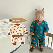 Baby autumn and winter suit wear two-piece set 0-1 year old thick male and female baby plus velvet suit baby clothes