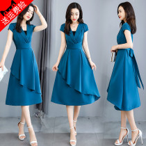 Blue Dress Dress Women Dress Summer 2021 New Lady Cashew Casings Lace Up Waist Temperament Mature V Collar Skirt