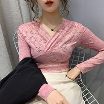 2020 Spring Autumn Dress New Sexy Hollowed-out V Lead Lace Undershirt Woman with long sleeves Nets foreign airwear