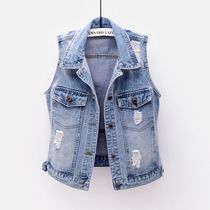 Denim vest womens short Korean version of the spring new slim thin wild jacket sleeveless student cardigan hole top