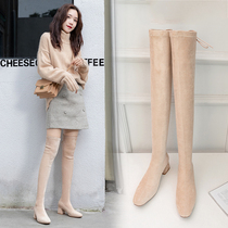 Knight boots Womens spring and Autumn high boots Square head thick-heeled elastic boots Small over-the-knee boots Medium low-heeled nude apricot
