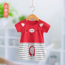 Sugar 2019 summer dress baby summer short sleeve open file romper baby red cartoon cute pig climbing suit