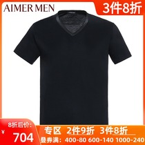 Mr. Aimus New Silk Light modal short sleeve T-shirt mens summer wear v-neck black top 12A751