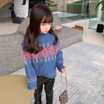 Girls Thick Sweater 2021 New Korean version of childrens baby Foreign style spring and autumn Jacquard round neck bottomed sweater