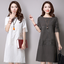 Summer new 2023 large size womens Korean version of lace A-line hollow elegant thin short-sleeved cotton and linen dress