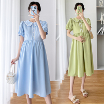 Pregnant woman Lions dress Summer Tide Moms Fashion Loose Short Sleeves Senior Sense Temperament Long Skirt Snowspun Skirt Summer Summer Dress