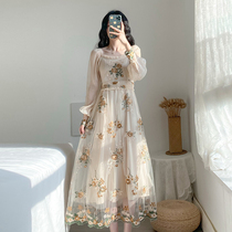 Broken Flower long dress and ankle retro Fairy Gas Mesh Yarn dress Dress Cashew Slim Sensonian Dresses Chic Gentle Wind