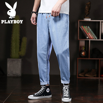 Playboy summer leg jeans mens loose straight thin leg pants Korean fashion casual mens pants