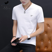 Rich bird short sleeve T-shirt cotton Korean version of the trend White V-neck top slim Joker fashion brand fashion semi-sleeve mens tide