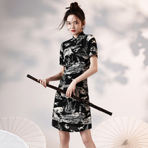 National tide improved cheongsam 2021 new young girl Summer Daily black print dress Chinese style