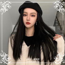 Beret with wig one-piece female fashion summer net red wig long straight hair natural trend full head long hair set