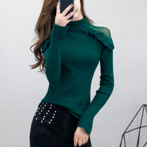Semi-high collar thickened sweater jacket head autumn winter new mesh yarn splicing needle weaselwear 100 hitch to beat bottom blouses