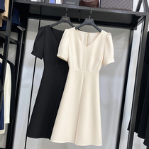 MRMW2021 summer new French V-neck retro short sleeve dress female temperament waist slim long tea break skirt