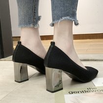 Retro shallow mouth small fragrance wind Net red womens shoes knitted square head thin womens shoes 2021 spring new high heels