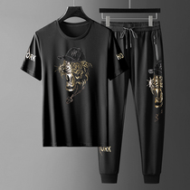 High-end casual sports suit mens summer thin Tide brand Tiger head hot Diamond Mens Ice Silk short sleeve t-shirt two-piece set