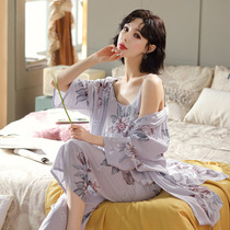 2021 spring and summer new cotton silk three-piece loose large size pajamas suspender trousers nightgown fashion home wear set