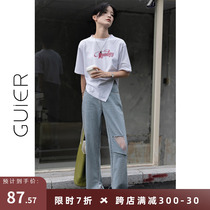 GUIER lace breaking hole jeans female straight cylinder loose 2022 summer new high waist display slim and wide leg long pants
