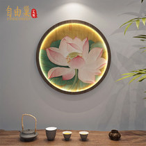 New Chinese solid wood Lotus with lamp screen partition decoration living room tea room study entrance background wall round hanging painting
