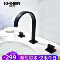 Bathroom basin faucet Full copper waterfall three-hole mixing valve Black split wash basin faucet hot and cold