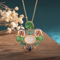 Chinese wind and ancient clothing qipao accessories accessories enamel painted craftsmanship inlaid imitation and field jade lotus leaf lotus retro necklace woman