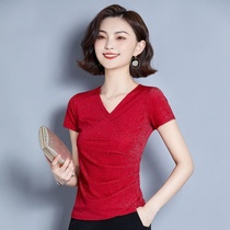 2021 spring and summer new solid color loose short sleeve T-shirt fashion top V collar waist thin size foreign style small shirt Women
