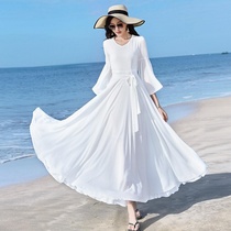 2021 new spring and summer womens V collar pure color snow spinning large lotus leaf sleeves dress with slim fit and large swing length dress