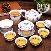 Green flower porcelain Lingang tea set Honeycomb Hollowed-out Pottery ancient Tea Road set Gongfu tea with teapot tea cup lid Bowl Tea Wash