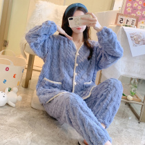 CHAO Skin White ~ Refined GAO Sense Coral Fleece Pajamas Women's Autumn and Winter Home Clothing Set Hemp Pattern Set
