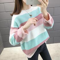 Autumn and winter womens new loose curly striped long sleeve half turtleneck sweater female Korean version of color knitwear coat thick