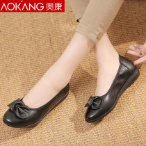 Aokang mother single shoes 2021 spring and autumn first layer cowhide leather soft bottom middle-aged and elderly womens shoes flat and comfortable non-slip