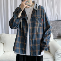 Plaid shirt mens trend ins long sleeve stitching youth hooded shirt Korean version loose Ruffian handsome fried street coat