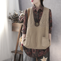Han Suoyi Retro Art Spring Wool Vest Women Wear Loose V-Neck Double Pocket Knitted Shirt I-shaped Vest