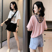 Pink T-shirt women short sleeve European station 2021 summer new European tide backless Korean fashion bamboo cotton top