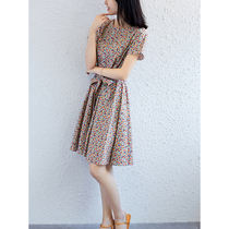 Super beautiful temperament 2020 summer printing artistic sense Short-sleeved waist small thin dress Knee-length skirt