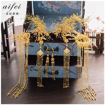  Bridal headdress Chinese gold tassel hair celler costume headdress suit Wedding headdress Xiuhe clothing Dragon and phoenix coat with