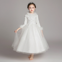 Childrens dress girls birthday princess dress white flower girl wedding dress plus velvet thickened evening dress winter