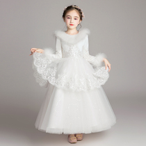 Girl White plus velvet padded long sleeve princess skirt puffy gauze flower girl wedding dress childrens piano performance winter dress