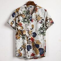 Summer Man Shirt Stripe Short Sleeve Loose Hawaiian Henley