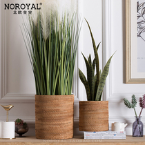  American retro pastoral decoration potted rattan woven fake flower pot Green flower planting device Nordic hand-woven round storage bucket