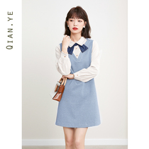 Blue Shirt One-piece Dress Sweater 2022 New Spring Fake Two Academy Wind Women Dress Early Spring Dresses Outwear