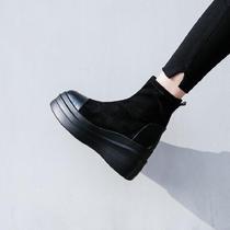 2021 autumn and winter European and American muffin thick bottom leather short tube Martin boots womens single boots naked boots British round head retro slope heel