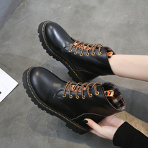 2021 new autumn and winter British wind flat-bottom locomotive student thick-soled lace Korean version plus velvet boots tide Martin boots female