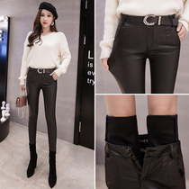 2021 autumn and winter New slim coated imitation leather pants plus velvet high waist black wear leggings womens stretch leggings