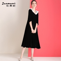 Zoomani loose black velvet dress new womens spring 2021 medium and long five-point sleeve lace 11136