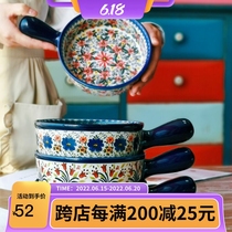 Polish Handle Baking Bowl Baking Pan Ceramic Single Handle Bowl Microwave Oven Rice Bowls National Wind Baking American Ceramic Cutlery