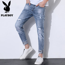 Playboy ripped jeans mens 2021 new nine-point pants slim small feet thin male beggar pants 9 points