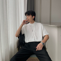 Hualun summer personality paneling white short sleeve t-shirt mens 2021 cotton loose crew neck T-shirt boys top