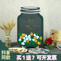 Dark Green romantic son sign-in bottle Mason jar wedding ceremony custom creative wood chip fingerprint signature wall table book