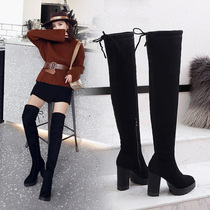 2021 New Over Knee Boots Woman High Heel Rough Heel Autumn Winter Elastic Long Cylinder Boots Feminine Flat High Cylinder Long Boots